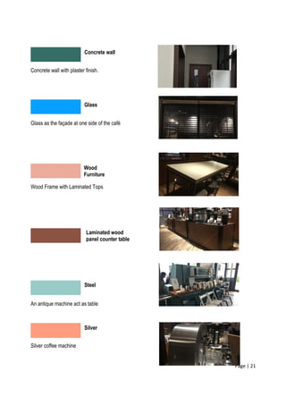 Page | 21
Concrete wall with plaster finish.
Glass as the façade at one side of the café
Wood Frame with Laminated Tops
An antique machine act as table
Silver coffee machine
Concrete wall
Glass
Wood
Furniture
Laminated wood
panel counter table
Steel
Silver
 