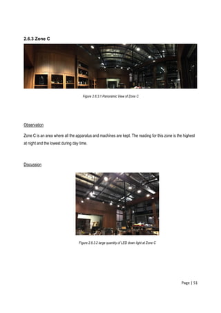 Page | 51
2.6.3 Zone C
Figure 2.6.3.1 Panoramic View of Zone C
Observation
Zone C is an area where all the apparatus and machines are kept. The reading for this zone is the highest
at night and the lowest during day time.
Discussion
Figure 2.6.3.2 large quantity of LED down light at Zone C
 