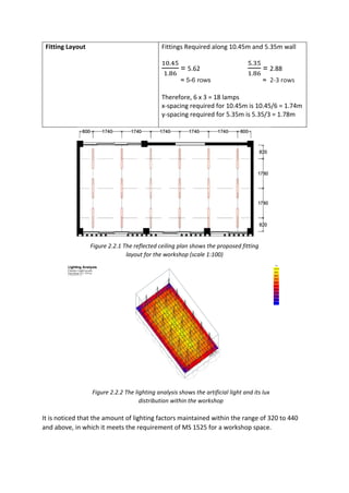 Fitting Layout Fittings Required along 10.45m and 5.35m wall
10.45
1.86
= 5.62
5.35
1.86
= 2.88
≈ 5-6 rows ≈ 2-3 rows
Therefore, 6 x 3 = 18 lamps
x-spacing required for 10.45m is 10.45/6 = 1.74m
y-spacing required for 5.35m is 5.35/3 = 1.78m
It is noticed that the amount of lighting factors maintained within the range of 320 to 440
and above, in which it meets the requirement of MS 1525 for a workshop space.
Lighting Analysis
Figure 2.2.1 The reflected ceiling plan shows the proposed fitting
layout for the workshop (scale 1:100)
Figure 2.2.2 The lighting analysis shows the artificial light and its lux
distribution within the workshop
 