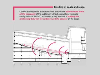 Correct levelling of the auditorium seats ensures that sound waves reach
all the occupants of the auditorium without obstruction. The seats
conﬁguration of the CCC auditorium is very eﬀective in bridging the
relationship between the audience and the speaker on the stage.
levelling of seats and stage
 