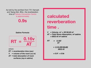 As told by the architect from T.R. Hamzah
and Yeang Sdn. Bhd., the reverberation
time of Calvary Convention Centre 

is approximately
Sabine Formula:
where:
RT = reverberation time (sec)
V = volume of the room (cu.m)
AT = total absorption of room
surfaces (sq.m sabins)
0.9s
RT
0.16v
AT
=
V = Volume, m3 = 39136.60 m3
AT = Total Room Absorption, m2 sabins
= 6832.45 m2 sabins
RT = 0.16V
AT
= 0.16 (39136.60)
6832.45
= 0.91 ≈ 0.9s
calculated
reverberation
time .
 