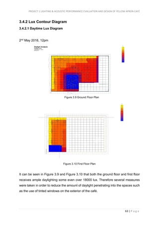 PROJECT 1 LIGHTING & ACOUSTIC PERFORMANCE EVALUATION AND DESIGN OF YELLOW APRON CAFÉ
63 | P a g e
3.4.2 Lux Contour Diagram
3.4.2.1 Daytime Lux Diagram
2nd May 2016, 12pm
It can be seen in Figure 3.9 and Figure 3.10 that both the ground floor and first floor
receives ample daylighting some even over 18000 lux. Therefore several measures
were taken in order to reduce the amount of daylight penetrating into the spaces such
as the use of tinted windows on the exterior of the café.
Figure 3.10 First Floor Plan
Figure 3.9 Ground Floor Plan
 