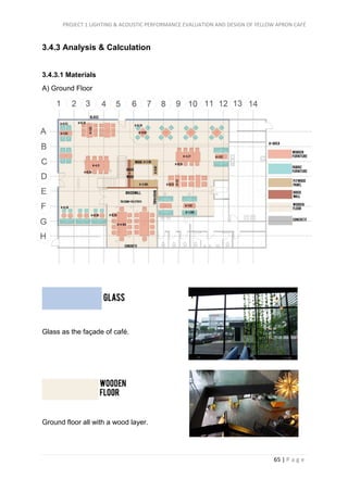 PROJECT 1 LIGHTING & ACOUSTIC PERFORMANCE EVALUATION AND DESIGN OF YELLOW APRON CAFÉ
65 | P a g e
3.4.3 Analysis & Calculation
3.4.3.1 Materials
A) Ground Floor
A) Ground Floor
Glass as the façade of café.
Ground floor all with a wood layer.
 
