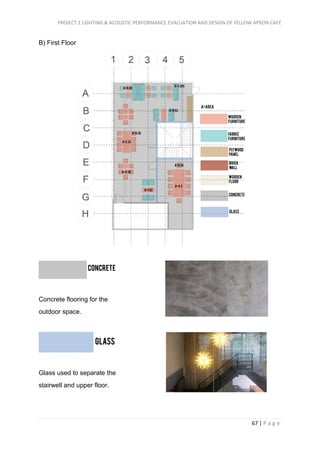 PROJECT 1 LIGHTING & ACOUSTIC PERFORMANCE EVALUATION AND DESIGN OF YELLOW APRON CAFÉ
67 | P a g e
B) First Floor
Concrete flooring for the
outdoor space.
Glass used to separate the
stairwell and upper floor.
 