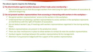 The above aspects requires the following:
 No discrimination against workers because of their trade union membership –
 ...
