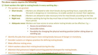 The above aspects requires the following:
 Grant workers the right to resting breaks in every working day –
 The workers...