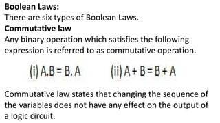 Boolean Laws:
There are six types of Boolean Laws.
Commutative law
Any binary operation which satisfies the following
expression is referred to as commutative operation.
Commutative law states that changing the sequence of
the variables does not have any effect on the output of
a logic circuit.
 