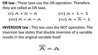 OR law : These laws use the OR operation. Therefore
they are called as OR laws.
INVERSION law : This law uses the NOT operation. The
inversion law states that double inversion of a variable
results in the original variable itself.
 