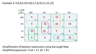 Example 3: F(A,B,C,D)=π(3,5,7,8,10,11,12,13)
Simplification of boolean expressions using Karnaugh Map
Simplified expression: Y=(A + C') .(A' + B')
 