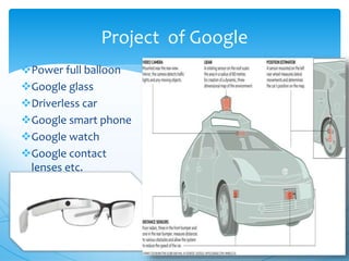 Power full balloon
Google glass
Driverless car
Google smart phone
Google watch
Google contact
lenses etc.
Project of Google
 