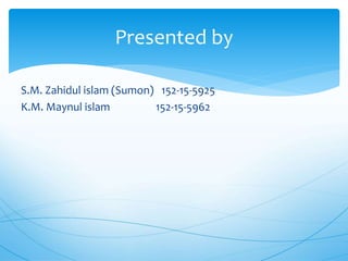 S.M. Zahidul islam (Sumon) 152-15-5925
K.M. Maynul islam 152-15-5962
Presented by
 