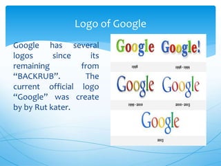 Google has several
logos since its
remaining from
“BACKRUB”. The
current official logo
“Google” was create
by by Rut kater.
Logo of Google
 