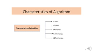 Characteristics of Algorithm
8
Characteristics of algorithm
1.Input
2.Output
3.Finiteness
4.Definiteness
5.Effectiveness
 