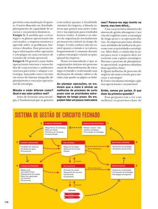 previsões com atualização frequente, Custeio Baseado em Atividade,
planejamento de capacidade de recursos e orçamentos dinâmicos.
Estágio 5: À medida que a estratégia e os planos operacionais são
executados, a empresa monitora e
aprende sobre os problemas, barreiras e desafios. Esse processo integra informações sobre operações
e estratégia em uma estrutura de
reuniões de revisão gerencial.
Estágio 6: Os gestores usam dados
operacionais internos e novos dados de concorrentes e ambientes
externos para testar e adaptar a estratégia, lançando outro circuito
em torno do sistema integrado de
planejamento e execução operacional da estratégia.
Missão e visão diferem como?
Qual é seu valor prático real?

Antes de formular uma estratégia, é fundamental que os gestores

concordem quanto à finalidade
(missão) da empresa, a bússola interna que guiará suas ações (valores) e sua aspiração para resultados
futuros (visão). A missão e os valores da organização normalmente
permanecem estáveis ao longo do
tempo. A visão, embora não tão estável quanto a missão e os valores,
frequentemente é constante durante
o plano estratégico trienal ou quinquenal da empresa.
Nossa recomendação é que as
organizações iniciem seu processo
anual de desenvolvimento de estratégia revisando e reafirmando suas
declarações de missão, valores e de
visão [veja quadro na página ao lado].
Ao planejar operações, os srs.
dizem que a meta é alinhar as
melhorias de processo de curto
prazo com as prioridades estratégicas de longo prazo. Os srs.
podem falar um pouco mais sobre

isso? Parece-me algo bonito na
teoria, mas bem difícil...

Uma característica distintiva do
sistema de gestão abrangente é seu
vínculo explícito entre a estratégia
de longo prazo e as operações diárias. As empresas precisam alinhar
suas atividades de melhoria de processo com as prioridades estratégicas. Além disso, o custeio dos recursos para tocar o negócio deve ser
coerente com o plano estratégico.
Durante o processo de planejamento operacional, os gestores abordam
duas questões-chave:
1. Quais melhorias de processo do
negócio são mais cruciais para executar a estratégia?
2. Como vinculamos estratégia a planos operacionais e orçamentos?
Então, vamos por partes. O que
dizer da primeira questão?

Essa pergunta tem a ver com
melhorar os processos-chave da

Sistema de gestão de circuito fechado
2

DESENVOLVER A ESTRATÉGIA

•	Mapa/temas de estratégia
•	Métricas/metas
•	Portfólios de iniciativas
•	Custeio/Stratex

3

PLANEJAR A ESTRATÉGIA

1

•	Missão, valores, visão
•	Análise estratégica
•	Formulação da estratégia

MONITORAR E APRENDER

ALINHAR A ORGANIZAÇÃO

Plano estratégico

•	Unidades de negócios
•	Unidades de apoio
•	Funcionários

•	Mapa de estratégia
•	Balanced Scorecard
•	Stratex

Métricas de desempenho

6

•	Avaliações de estratégia
•	Avaliações operacionais

Resultados

4

PLANEJAR AS OPERAÇÕES

TESTAR E ADAPTAR

Plano operacional
Métricas de desempenho

•	Melhoria de
processos-chave
•	Planejamento de vendas
•	Plano de capacidade
de recursos
•	Orçamentos

•	Previsão de vendas
•	Requisitos de recursos
•	Dashboards
•	Orçamentos

Resultados

EXECUÇÃO
Processo
Iniciativa

110

HSM Management 74 maio-junho 2009

•	Análise de rentabilidade
•	Correlações de estratégia
•	Estratégias emergentes

5

 