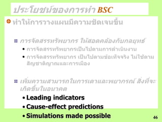 BSC



•
•




• Leading indicators
• Cause-effect predictions
• Simulations made possible   46
 