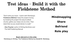 "Don't write your book -- build it with Weinberg's
Fieldstone Method. Keep the project moving
by breaking the project into easy-to-attack
chunks; gather your ideas one at a time. Then
stack them as you would stones in a wall."
- Dan Poynter author of Writing Nonfiction and
The Self-Publishing Manual
Mindmapping
Share
Befriend
Role play
Book referred to in this slide:
Weinberg on Writing: The Fieldstone Method by Gerald M. Weinberg
 