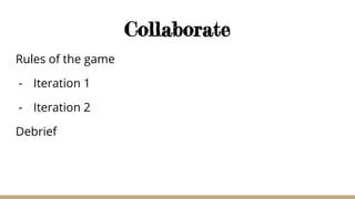 Collaborate
Rules of the game
- Iteration 1
- Iteration 2
Debrief
 