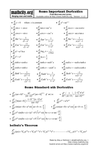 mathcity.org
Merging man and maths
Some Important Derivative
For Bachelor Level
Available online @ http://www.mathcity.org, Version: 1.1.2
0
d
c
dx
· = where c is constant 1n nd
x nx
dx
-
· =
sin cos
cos sin
d
x x
dx
d
x x
dx
ì
ïï
í
ï
ïî
· =
· =-
2
2
tan sec
cot csc
d
x x
dx
d
x x
dx
· =
· =-
csc csc cot
sec sec tan
d
x x x
dx
d
x x x
dx
· =-
· =
1
2
1
2
1
1
1
1
d
Sin x
dx x
d
Cos x
dx x
-
-
ì
ï
ï
í
ï
ï
î
· =
-
-
· =
-
1
2
1
2
1
1
1
1
d
Tan x
dx x
d
Cot x
dx x
-
-
· =
+
-
· =
+
1
2
1
2
1
1
1
1
d
Sec x
dx x x
d
Csc x
dx x x
-
-
· =
-
-
· =
-
lnx x
x x
d
a a a
dx
d
e e
dx
ì
ïï
í
ï
ïî
· =
· =
1
log
ln
1
ln
a
d
x
dx x a
d
x
dx x
· =
· =
sinh cosh
cosh sinh
d
x x
dx
d
x x
dx
ì
ïï
í
ï
ïî
· =
· =
2
2
tanh sech
coth csch
d
x x
dx
d
x x
dx
· =
· = -
sech sech tanh
csch csch coth
d
x x x
dx
d
x x x
dx
· =-
· =-
1
2
1
2
1
1
1
1
d
Sinh x
dx x
d
Cosh x
dx x
-
-
ì
ï
ï
í
ï
ï
î
· =
+
· =
-
1
2
1
2
1
1
1
1
d
Tanh x
dx x
d
Coth x
dx x
-
-
· =
-
· =
-
1
2
1
2
1
1
1
1
d
Sech x
dx x x
d
Csch x
dx x x
-
-
-
· =
-
-
· =
+
Some Standard nth Derivative
·
( )
( )!
( )
!
n m nm n
n
d m
ax b a ax b if m n
dx m n
-
+ = + ³
-
·
( )
1
1 !1
( )
n nn
n n
n ad
dx ax b ax b +
æ ö
ç ÷
è ø
-
=
+ +
·
( )1
( 1) 1 !
ln( )
( )
n nn
n n
n ad
ax b
dx ax b
-
é ùë û
- -
+ =
+
·
n
ax n ax
n
d
e a e
dx
=
· sin( ) sin .
2
n
n
n
d
ax b a ax b n
dx
pæ ö
ç ÷
è ø
+ = + + · cos( ) cos .
2
n
n
n
d
ax b a ax b n
dx
pæ ö
ç ÷
è ø
+ = + +
· 2 2 12sin( ) ( ) sin tan
nn
ax ax
n
d b
e bx c a b e bx c n
dx a
-æ ö
ç ÷
è ø
+ = + + +
· 2 2 12cos( ) ( ) cos tan
nn
ax ax
n
d b
e bx c a b e bx c n
dx a
-æ ö
ç ÷
è ø
+ = + + +
Leibniz’s Theorem
( ) ( 1) ( 2) 1
0 1 2 1( )
n
n n n n n n n n n n
nnn
d
uv C u v C u v C u v C u v C uv
dx
- - -
-¢ ¢¢ ¢= + + +××××××××××××××+ +
Made by Atiq ur Rehman ( atiq@mathcity.org )
http://www.mathcity.org
Submit errors at http://www.mathcity.org/error
 