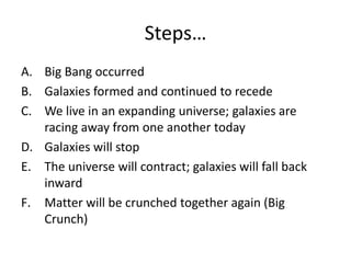 Steps…
A. Big Bang occurred
B. Galaxies formed and continued to recede
C. We live in an expanding universe; galaxies are
racing away from one another today
D. Galaxies will stop
E. The universe will contract; galaxies will fall back
inward
F. Matter will be crunched together again (Big
Crunch)
 