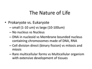 The Nature of Life
• Prokaryote vs. Eukaryote
– small (1-10 um) vs large (10-100um)
– No nucleus vs Nucleus
– DNA in nucleoid vs Membrane bounded nucleus
containing chromosomes made of DNA, RNA
– Cell division direct (binary fission) vs mitosis and
miosis
– Rare multicellular forms vs Multicellular organism
with extensive development of tissues
 