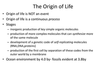 The Origin of Life
• Origin of life is NOT an event
• Origin of life is a continuous process
• Stages
– inorganic production of key simple organic molecules
– production of more complex molecules that can synthesize more
of the same molecule
– development of a genetic code of self-replicating molecules
(RNA,DNA,proteins)
– production of the first cell by separation of these codes from the
outer world by a membrane
• Ocean environment by 4.0 by- fossils evident at 3.8by
 