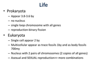 Life
• Prokaryota
– Appear 3.8-3.6 by
– no nucleus
– single loop chromosome with all genes
– reproduction-binary fission
• Eukaryota
– Single cell appear 2 by
– Multicellular appear as trace fossils 1by and as body fossils
700my
– Nucleus with 2 pairs of chromosomes (2 copies of all genes)
– Asexual and SEXUAL reproduction>> more combinations
 