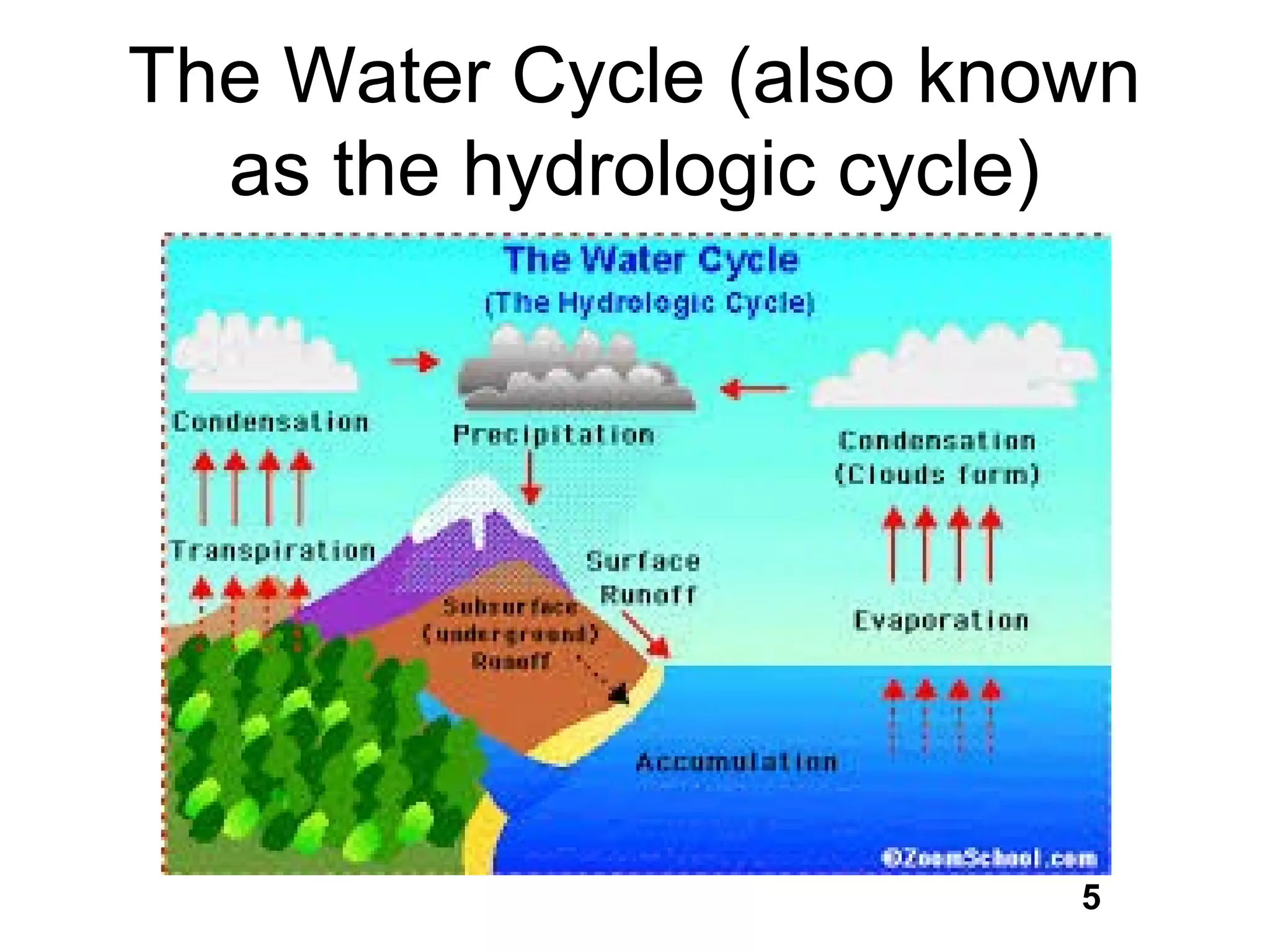 The Water Cycle (also known
as the hydrologic cycle)
5
 