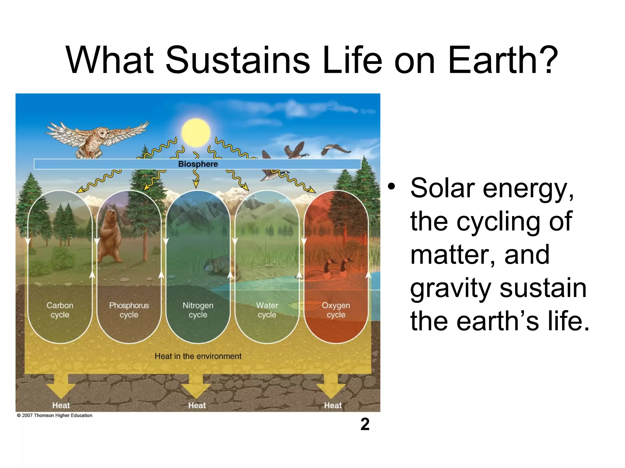 What Sustains Life on Earth?
• Solar energy,
the cycling of
matter, and
gravity sustain
the earth’s life.
2
 