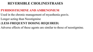 REVERSIBLE CHOLINESTRASES
PYRIDOSTIGMINE AND AMBENONIUM
Used in the chronic management of myasthenia gravis.
Longer acting than Neostigmine
(LESS FREQUENT DOSING REQUIRED)
Adverse effects of these agents are similar to those of neostigmine.
 
