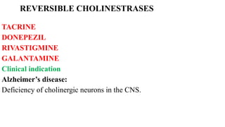 REVERSIBLE CHOLINESTRASES
TACRINE
DONEPEZIL
RIVASTIGMINE
GALANTAMINE
Clinical indication
Alzheimer’s disease:
Deficiency of cholinergic neurons in the CNS.
 