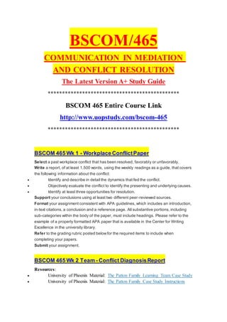 BSCOM/465
COMMUNICATION IN MEDIATION
AND CONFLICT RESOLUTION
The Latest Version A+ Study Guide
**********************************************
BSCOM 465 Entire Course Link
http://www.uopstudy.com/bscom-465
**********************************************
BSCOM 465 Wk 1 - Workplace ConflictPaper
Select a past workplace conflict that has been resolved, favorably or unfavorably.
Write a report, of at least 1,500 words, using the weekly readings as a guide, that covers
the following information about the conflict:
 Identify and describe in detail the dynamics that fed the conflict.
 Objectively evaluate the conflict to identify the presenting and underlying causes.
 Identify at least three opportunities for resolution.
Support your conclusions using at least two different peer-reviewed sources.
Format your assignment consistent with APA guidelines, which includes an introduction,
in-text citations, a conclusion and a reference page. All substantive portions, including
sub-categories within the body of the paper, must include headings. Please refer to the
example of a properly formatted APA paper that is available in the Center for Writing
Excellence in the university library.
Refer to the grading rubric posted belowfor the required items to include when
completing your papers.
Submit your assignment.
BSCOM 465 Wk 2 Team - Conflict DiagnosisReport
Resources:
 University of Phoenix Material: The Patton Family Learning Team Case Study
 University of Phoenix Material: The Patton Family Case Study Instructions
 
