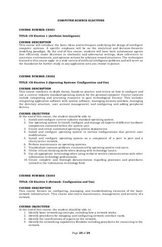 Page 25 of 29
COMPUTER SCIENCE ELECTIVES
COURSE NUMBER: CS301
TITLE: CS Elective 1 (Artificial Intelligence)
COURSE DESCRIPTION
This course will introduce the basic ideas and techniques underlying the design of intelligent
computer systems. A specific emphasis will be on the statistical and decision-theoretic
modelling paradigm. By the end of this course, students will have built autonomous agents
that efficiently make decisions in stochastic and adversarial settings, draw inferences in
uncertain environments, and optimize actions for arbitrary reward structures. The techniques
learnedin this course apply to a wide variety of artificial intelligence problems and will serve as
the foundation for further study in any application area you choose to pursue.
COURSE NUMBER: CS302
TITLE: CS Elective 2 (Operating Systems: Configuration and Use)
COURSE DESCRIPTION
This course combines in-depth theory, hands-on practice and review on how to configure and
use a current industry standard operating system for the personal computer. Course contents
include integrating and accessing resources to gain technological literacy. This includes
integrating application software with system software, managing memory and data, managing
the directory structure, user account management, and configuring and adding peripheral
devices.
COURSE OBJECTIVES
At the end of this course, the student should be able to:
1. Install and configure current industry standard operating system.
2. Use operating system to install, configure and manage all aspects of different hardware
components contained within the system unit.
3. Create and utilize automated operating system deployments.
4. Install and configure operating system in various configurations that prevent user
modifications.
5. Install and configure operating system as a component of a peer to peer and a
client/server network.
6. Perform maintenance on operating systems.
7. Troubleshoot common problems encountered by operating system end users.
8. Utilize critical thinking skills when dealing with technology issues.
9. Use all appropriate terminology when using verbal or written communication with other
information technology professionals.
10. Create complete and thorough documentation regarding processes and procedures
utilized in the information technology field.
COURSE NUMBER: CS303
TITLE: CS Elective 3 (Network: Configuration and Use)
COURSE DESCRIPTION
This course focuses on configuring, managing, and troubleshooting elements of the basic
network infrastructure. This course also covers maintenance, management, and security of a
network.
COURSE OBJECTIVES
At the end of this course, the student should be able to:
1. Identify basic networking concepts, including how a network works.
2. Identify procedures for swapping and configuring network interface cards.
3. Identify the ramifications of repairs on the network.
4. Identify the networking capabilities Windows including procedures for connecting to the
network.
 