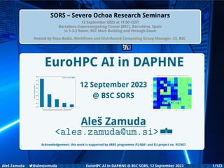 Introduction DAPHNE Background EuroHPC Vega & AI AI Challenges Shortlist HPC Initiatives EuroHPC Vega &,Deploying DAPHNE HPC & GenAI Language Video Machine Power SORS Leadership
SORS – Severo Ochoa Research Seminars
12 September 2023 at 11:00 CEST
Barcelona Supercomputing Center (BSC), Barcelona, Spain
in 1-3-2 Room, BSC Main Building and through Zoom
Hosted by Rosa Badia, Workﬂows and Distributed Computing Group Manager, CS, BSC
150
200
250
300
350
400
450
500
550
16 32 48 64 80
Seconds
to
compute
a
workload
Number of tasks (equals 16 times the SLURM --nodes parameter)
Summarizer workload
EuroHPC AI in DAPHNE
12 September 2023
@ BSC SORS
Aleš Zamuda
<ales.zamuda@um.si>
Acknowledgement: this work is supported by ARRS programme P2-0041 and EU project no. 957407.
Aleš Zamuda 7@aleszamuda EuroHPC AI in DAPHNE @ BSC SORS, 12 September 2023 1/123
 