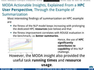Introduction DAPHNE Background EuroHPC Vega & AI AI Challenges Shortlist HPC Initiatives EuroHPC Vega &,Deploying DAPHNE HPC & GenAI Language Video Machine Power SORS Leadership
MODA Actionable Insights, Explained From a HPC
User Perspective, Through the Example of
Summarization
Most interesting ﬁndings of summarization on HPC example
are
• the ﬁtness of the NLP model keeps increasing with prolonging
the dedicated HPC resources (see below) and that
• the ﬁtness improvement correlates with ROUGE evaluation in
the benchmark, i.e. better summaries.
-0.05
0
0.05
0.1
0.15
0.2
0.25
0.3
0.35
0.4
1 10 100 1000 10000
ROUGE-1R
ROUGE-2R
ROUGE-LR
ROUGE-SU4R
Fitness (scaled)
Hence, the use of HPC
signiﬁcantly
contributes to
capability of this NLP
challenge.
However, the MODA insight also provided the
useful task running times and resource
usage.
Aleš Zamuda 7@aleszamuda EuroHPC AI in DAPHNE @ BSC SORS, 12 September 2023 35/123
 