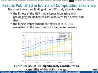 Introduction DAPHNE Background EuroHPC Vega & AI AI Challenges Shortlist HPC Initiatives EuroHPC Vega &,Deploying DAPHNE HPC & GenAI Language Video Machine Power SORS Leadership
Results Published in Journal of Computational Science
The most interesting ﬁnding of the HPC study though is that
• the ﬁtness of the NLP model keeps increasing with
prolonging the dedicated HPC resources (see below) and
that
• the ﬁtness improvement correlates with ROUGE
evaluation in the benchmark, i.e. better summaries.
-0.05
0
0.05
0.1
0.15
0.2
0.25
0.3
0.35
0.4
1 10 100 1000 10000
ROUGE-1R
ROUGE-2R
ROUGE-LR
ROUGE-SU4R
Fitness (scaled)
Hence, the use of HPC signiﬁcantly contributes to
capability of this NLP challenge.
Aleš Zamuda 7@aleszamuda EuroHPC AI in DAPHNE @ BSC SORS, 12 September 2023 61/123
 