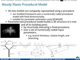 Introduction DAPHNE Background EuroHPC Vega  AI AI Challenges Shortlist HPC Initiatives EuroHPC Vega ,Deploying DAPHNE HPC  GenAI Language Video Machine Power SORS Leadership
Woody Plants Procedural Model
• 3D tree models are compactly represented using a procedure
• our EcoMod framework uses a numerically coded procedural
model with ﬁxed dimensionality
• suitable for parameter estimation using DE/MOjDE.
• Parameterized procedural model builds a 3D structure of a tree
and all its building parts:
• by recursively executing a ﬁxed procedure,
• over a set of numerically coded input
parameters,
• e.g. branch thickness, relative length, and
branching.
Aleš Zamuda 7@aleszamuda EuroHPC AI in DAPHNE @ BSC SORS, 12 September 2023 71/123
 