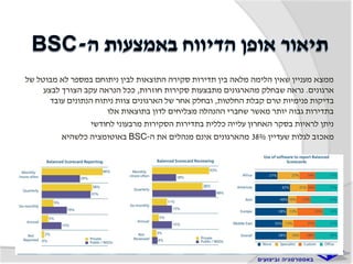 ‫של‬ ‫מבוטל‬ ‫לא‬ ‫במספר‬ ‫ניתוחם‬ ‫לבין‬ ‫התוצאות‬ ‫סקירה‬ ‫תדירות‬ ‫בין‬ ‫מלאה‬ ‫הלימה‬ ‫שאין‬ ‫מעניין‬ ‫ממצא‬
‫ארגונים‬.‫חוזרות‬ ‫סקירות‬ ‫מתבצעות‬ ‫מהארגונים‬ ‫שבחלק‬ ‫נראה‬,‫לבצע‬ ‫הצורך‬ ‫עקב‬ ‫הנראה‬ ‫ככל‬
‫החלטות‬ ‫קבלת‬ ‫טרם‬ ‫פנימיות‬ ‫בדיקות‬,‫עובד‬ ‫הנתונים‬ ‫ניתוח‬ ‫צוות‬ ‫הארגונים‬ ‫של‬ ‫אחר‬ ‫ובחלק‬
‫אלו‬ ‫בתוצאות‬ ‫לדון‬ ‫מצליחים‬ ‫ההנהלה‬ ‫שחברי‬ ‫מאשר‬ ‫יותר‬ ‫גבוה‬ ‫בתדירות‬
‫לחודשי‬ ‫מרבעוני‬ ‫הסקירות‬ ‫בתדירות‬ ‫כללית‬ ‫עלייה‬ ‫האחרון‬ ‫בסקר‬ ‫לראיות‬ ‫ניתן‬
‫שעדיין‬ ‫לגלות‬ ‫מאכזב‬38%‫ה‬ ‫את‬ ‫מנהלים‬ ‫אינם‬ ‫מהארגונים‬-BSC‫כלשהיא‬ ‫באוטומציה‬
 