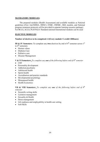 14
MANDATORY MODULES:
The prepared modules (Health Assessment) and available modules as National
guidelines (First Aid-NDMA, IMNCI, ENBC, FBNBC, SBA module, and National
program treatment protocols will be provided in separate learning resource package)
For BCLS, ACLS, PLS/PALS- Standard national/international modules can be used
ELECTIVE MODULES
Number of electives to be completed: 4 (Every module=1 credit=20Hours)
III & IV Semesters: To complete any two electives by end of 4th
semester across 1st
to 4th
semesters
• Human values
• Diabetes Care
• Palliative care
• Disaster Management
V & VI Semesters: To complete any one of the following before end of 6th
semester
• CBT
• Personality development
• Addiction psychiatry
• Adolescent health
• Sports health
• Accreditation and practice standards
• Developmental psychology
• Menopausal health
• Health Economics
VII & VIII Semesters: To complete any one of the following before end of 8th
semester
• Scientific writing skills
• Lactation management
• Sexuality & Health
• Stress management
• Job readiness and employability in health care setting
• Soft Skills
 
