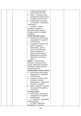 152
Cyanotic and Acyanotic
(ASD,VSD, PDA,TOF)
• Others: - Rheumatic fever
and Rheumatic heart disease,
Congestive cardiac failure
• Hematological conditions:
a) Congenital: Hemophilia,
Thalassemia.
b) Others: Anemia,
Leukemia, Idiopathic
thrombocytopenic purpura,
Hodgkins and non-hodgkins
lymphoma
Gastro-intestinal system:
• Identification and Nursing
management of congenital
malformations.
• Congenital: Cleft lip, Cleft
palate, Congenital
hypertrophic pyloric
stenosis, Hirschsprungs
disease (Megacolon),
Anorectal malformation,
Malabsorption syndrome,
Abdominal wall defects,
Hernia
Others: Gastroenteritis,
Diarrhea, Vomiting, Protein
energy malnutrition, Intestinal
obstruction, Hepatic diseases,
intestinal parasites
Genitourinary urinary system:
• Identification and Nursing
management of congenital
malformations.
• Congenital: Wilms tumor,
Extrophy of bladder,
Hypospadiasis, Epispadiasis,
Obstructive uropathy
• Others: Nephrotic syndrome,
Acute glomerulo nephritis,
renal failure
Nervous system:
• Identification and Nursing
management of congenital
malformations
a) Congenital: Spinabifida,
Hydrocephalous.
b) Others: Meningitis,
Encephalitis, Convulsive
 