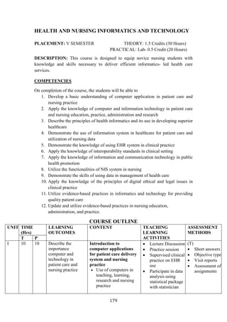 179
HEALTH AND NURSING INFORMATICS AND TECHNOLOGY
PLACEMENT: V SEMESTER THEORY: 1.5 Credits (30 Hours)
PRACTICAL: Lab- 0.5 Credit (20 Hours)
DESCRIPTION: This course is designed to equip novice nursing students with
knowledge and skills necessary to deliver efficient informatics- led health care
services.
COMPETENCIES
On completion of the course, the students will be able to
1. Develop a basic understanding of computer application in patient care and
nursing practice
2. Apply the knowledge of computer and information technology in patient care
and nursing education, practice, administration and research
3. Describe the principles of health informatics and its use in developing superior
healthcare
4. Demonstrate the use of information system in healthcare for patient care and
utilization of nursing data
5. Demonstrate the knowledge of using EHR system in clinical practice
6. Apply the knowledge of interoperability standards in clinical setting
7. Apply the knowledge of information and communication technology in public
health promotion
8. Utilize the functionalities of NIS system in nursing
9. Demonstrate the skills of using data in management of health care
10. Apply the knowledge of the principles of digital ethical and legal issues in
clinical practice
11. Utilize evidence-based practices in informatics and technology for providing
quality patient care
12. Update and utilize evidence-based practices in nursing education,
administration, and practice.
COURSE OUTLINE
UNIT TIME
(Hrs)
LEARNING
OUTCOMES
CONTENT TEACHING
LEARNING
ACTIVITIES
ASSESSMENT
METHODS
T P
I 10 10 Describe the
importance
computer and
technology in
patient care and
nursing practice
Introduction to
computer applications
for patient care delivery
system and nursing
practice
• Use of computers in
teaching, learning,
research and nursing
practice
• Lecture Discussion
• Practice session
• Supervised clinical
practice on EHR
use
• Participate in data
analysis using
statistical package
with statistician
(T)
• Short answers
• Objective type
• Visit reports
• Assessment of
assignments
 
