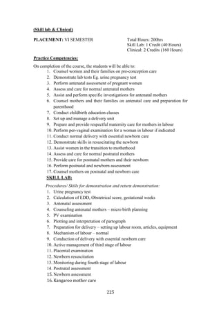 225
(Skill lab & Clinical)
PLACEMENT: VI SEMESTER Total Hours: 200hrs
Skill Lab: 1 Credit (40 Hours)
Clinical: 2 Credits (160 Hours)
Practice Competencies:
On completion of the course, the students will be able to:
1. Counsel women and their families on pre-conception care
2. Demonstrate lab tests Eg. urine pregnancy test
3. Perform antenatal assessment of pregnant women
4. Assess and care for normal antenatal mothers
5. Assist and perform specific investigations for antenatal mothers
6. Counsel mothers and their families on antenatal care and preparation for
parenthood
7. Conduct childbirth education classes
8. Set up and manage a delivery unit
9. Prepare and provide respectful maternity care for mothers in labour
10. Perform per-vaginal examination for a woman in labour if indicated
11. Conduct normal delivery with essential newborn care
12. Demonstrate skills in resuscitating the newborn
13. Assist women in the transition to motherhood
14. Assess and care for normal postnatal mothers
15. Provide care for postnatal mothers and their newborn
16. Perform postnatal and newborn assessment
17. Counsel mothers on postnatal and newborn care
SKILL LAB:
Procedures/ Skills for demonstration and return demonstration:
1. Urine pregnancy test
2. Calculation of EDD, Obstetrical score, gestational weeks
3. Antenatal assessment
4. Counseling antenatal mothers – micro birth planning
5. PV examination
6. Plotting and interpretation of partograph
7. Preparation for delivery – setting up labour room, articles, equipment
8. Mechanism of labour – normal
9. Conduction of delivery with essential newborn care
10. Active management of third stage of labour
11. Placental examination
12. Newborn resuscitation
13. Monitoring during fourth stage of labour
14. Postnatal assessment
15. Newborn assessment
16. Kangaroo mother care
 