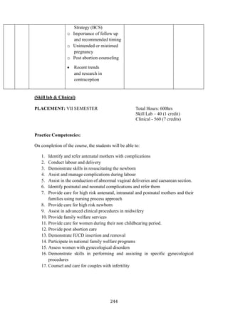 244
Strategy (BCS)
o Importance of follow up
and recommended timing
o Unintended or mistimed
pregnancy
o Post abortion counseling
• Recent trends
and research in
contraception
(Skill lab & Clinical)
PLACEMENT: VII SEMESTER Total Hours: 600hrs
Skill Lab – 40 (1 credit)
Clinical - 560 (7 credits)
Practice Competencies:
On completion of the course, the students will be able to:
1. Identify and refer antenatal mothers with complications
2. Conduct labour and delivery
3. Demonstrate skills in resuscitating the newborn
4. Assist and manage complications during labour
5. Assist in the conduction of abnormal vaginal deliveries and caesarean section.
6. Identify postnatal and neonatal complications and refer them
7. Provide care for high risk antenatal, intranatal and postnatal mothers and their
families using nursing process approach
8. Provide care for high risk newborn
9. Assist in advanced clinical procedures in midwifery
10. Provide family welfare services
11. Provide care for women during their non childbearing period.
12. Provide post abortion care
13. Demonstrate IUCD insertion and removal
14. Participate in national family welfare programs
15. Assess women with gynecological disorders
16. Demonstrate skills in performing and assisting in specific gynecological
procedures
17. Counsel and care for couples with infertility
 