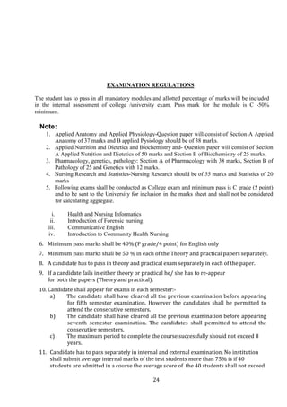 24
EXAMINATION REGULATIONS
The student has to pass in all mandatory modules and allotted percentage of marks will be included
in the internal assessment of college /university exam. Pass mark for the module is C -50%
minimum.
6. Minimum pass marks shall be 40% (P grade/4 point) for English only
7. Minimum pass marks shall be 50 % in each of the Theory and practical papers separately.
8. A candidate has to pass in theory and practical exam separately in each of the paper.
9. If a candidate fails in either theory or practical he/ she has to re-appear
for both the papers (Theory and practical).
10. Candidate shall appear for exams in each semester:-
a) The candidate shall have cleared all the previous examination before appearing
for fifth semester examination. However the candidates shall be permitted to
attend the consecutive semesters.
b) The candidate shall have cleared all the previous examination before appearing
seventh semester examination. The candidates shall permitted to attend the
consecutive semesters.
c) The maximum period to complete the course successfully should not exceed 8
years.
11. Candidate has to pass separately in internal and external examination. No institution
shall submit average internal marks of the test students more than 75% is if 40
students are admitted in a course the average score of the 40 students shall not exceed
Note:
1. Applied Anatomy and Applied Physiology-Question paper will consist of Section A Applied
Anatomy of 37 marks and B applied Pysiology should be of 38 marks.
2. Applied Nutrition and Dietetics and Biochemistry and- Question paper will consist of Section
A Applied Nutrition and Dietetics of 50 marks and Section B of Biochemistry of 25 marks.
3. Pharmacology, genetics, pathology: Section A of Pharmacology with 38 marks, Section B of
Pathology of 25 and Genetics with 12 marks.
4. Nursing Research and Statistics-Nursing Research should be of 55 marks and Statistics of 20
marks
5. Following exams shall be conducted as College exam and minimum pass is C grade (5 point)
and to be sent to the University for inclusion in the marks sheet and shall not be considered
for calculating aggregate.
i. Health and Nursing Informatics
ii. Introduction of Forensic nursing
iii. Communicative English
iv. Introduction to Community Health Nursing
 