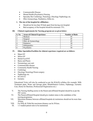 8
• Communicable Disease
• Mental Health (Psychiatric) Nursing
• Specialty like Cardiology, Neurology, Oncology Nephrology etc.
• Obst, Gynaecology, Paediatrics, Ortho etc.
b. The size of the hospital for affiliation:-
• Should not be less than 50 beds apart from having own hospital
• Bed occupancy of the hospital should be minimum 75%
III. Clinical requirements for Nursing program are as given below:
S. No Areas of Clinical Experience Number of Beds
1 Medical 45
2 Surgical 45
3 Obst. & Gynaecology 45
4 Pediatrics 30
5 Orthopaedics 15
6 Psychiatric 50
IV. Other Specialties/Facilities for clinical experience required are as follows:
• Major OT
• Minor OT
• Dental Eye/ENT
• Burns and Plastic
• Neonatology care unit
• Communicable disease
• Community Health Nursing
• Cardiology
• Oncology Neurology/Neuro-surgery
• Nephrology etc.
• ICU/ICCU
• Geriatric
Educational Visits will also be conducted as per the B.Sc(N) syllabus (for example: Milk
Treatment plant, Water and Sewage plant, Rehabilitation Centres, Orphanage, Geriatric
Care, Home for Destitute, Professional Organisation etc.)
V. The Nursing Staffing norms in the Parent and affiliated Hospital should be as per the
INC norms.
VI. The Parent/affiliated Hospital should give student status to the candidates of the
nursing programme.
VII. Maximum Distance between affiliated hospitals & institutions should not be more than
30 kms.
VIII. For Hilly & Tribal the maximum distance can be 50 kms.
IX. 1:3 student patient ratio to be maintained.
 