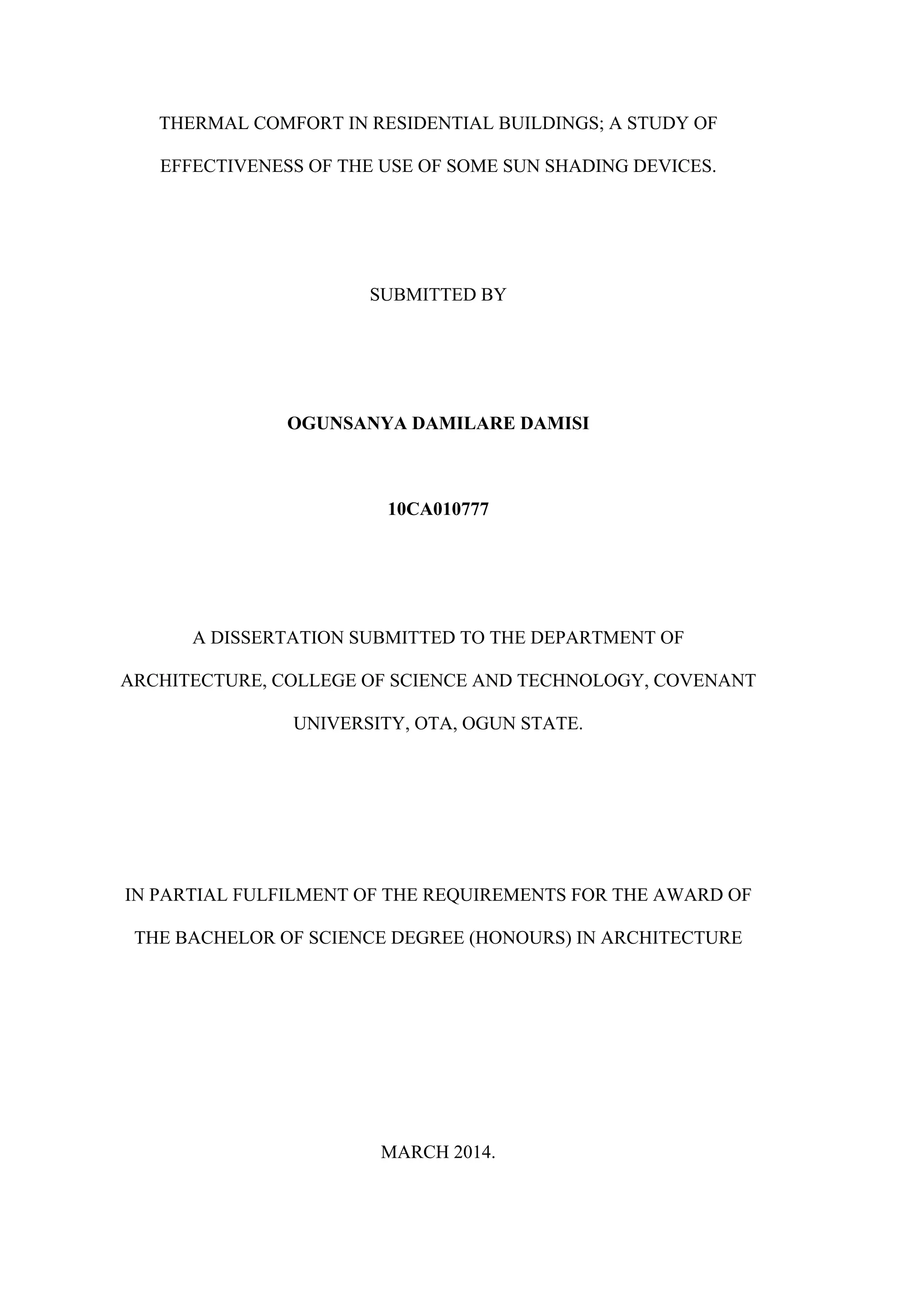 THERMAL COMFORT IN RESIDENTIAL BUILDINGS; A STUDY OF EFFECTIVENESS OF ...