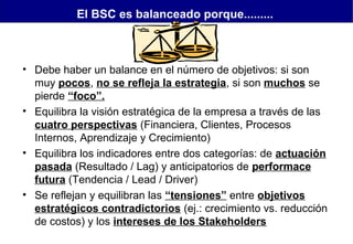 El BSC es balanceado porque.........

• Debe haber un balance en el número de objetivos: si son
muy pocos, no se refleja la estrategia, si son muchos se
pierde “foco”.
• Equilibra la visión estratégica de la empresa a través de las
cuatro perspectivas (Financiera, Clientes, Procesos
Internos, Aprendizaje y Crecimiento)
• Equilibra los indicadores entre dos categorías: de actuación
pasada (Resultado / Lag) y anticipatorios de performace
futura (Tendencia / Lead / Driver)
• Se reflejan y equilibran las “tensiones” entre objetivos
estratégicos contradictorios (ej.: crecimiento vs. reducción
de costos) y los intereses de los Stakeholders

 