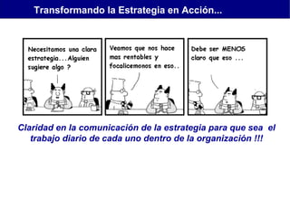 Transformando la Estrategia en Acción...

Claridad en la comunicación de la estrategia para que sea el
trabajo diario de cada uno dentro de la organización !!!

 
