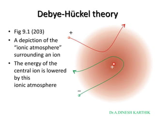 Debye-Hückel theory
• Fig 9.1 (203)
• A depiction of the
“ionic atmosphere”
surrounding an ion
• The energy of the
central ion is lowered
by this
ionic atmosphere
Dr.A.DINESH KARTHIK
 