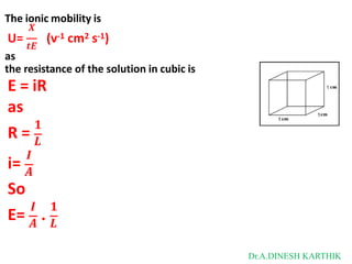 The ionic mobility is
𝒕𝑬
𝑿
U= (v-1 cm2 s-1)
as
𝟏
𝑰
𝑰 𝟏
the resistance of the solution in cubic is
E = iR
as
R = 𝑳
i= 𝑨
So
E= 𝑨
. 𝑳
Dr.A.DINESH KARTHIK
 