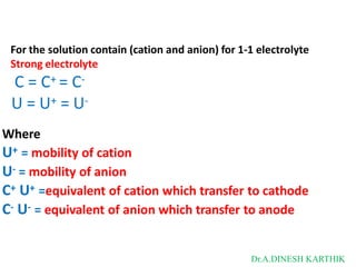 For the solution contain (cation and anion) for 1-1 electrolyte
Strong electrolyte
C = C+ = C-
U = U+ = U-
Where
U+ = mobility of cation
U- = mobility of anion
C+ U+ =equivalent of cation which transfer to cathode
C- U- = equivalent of anion which transfer to anode
Dr.A.DINESH KARTHIK
 